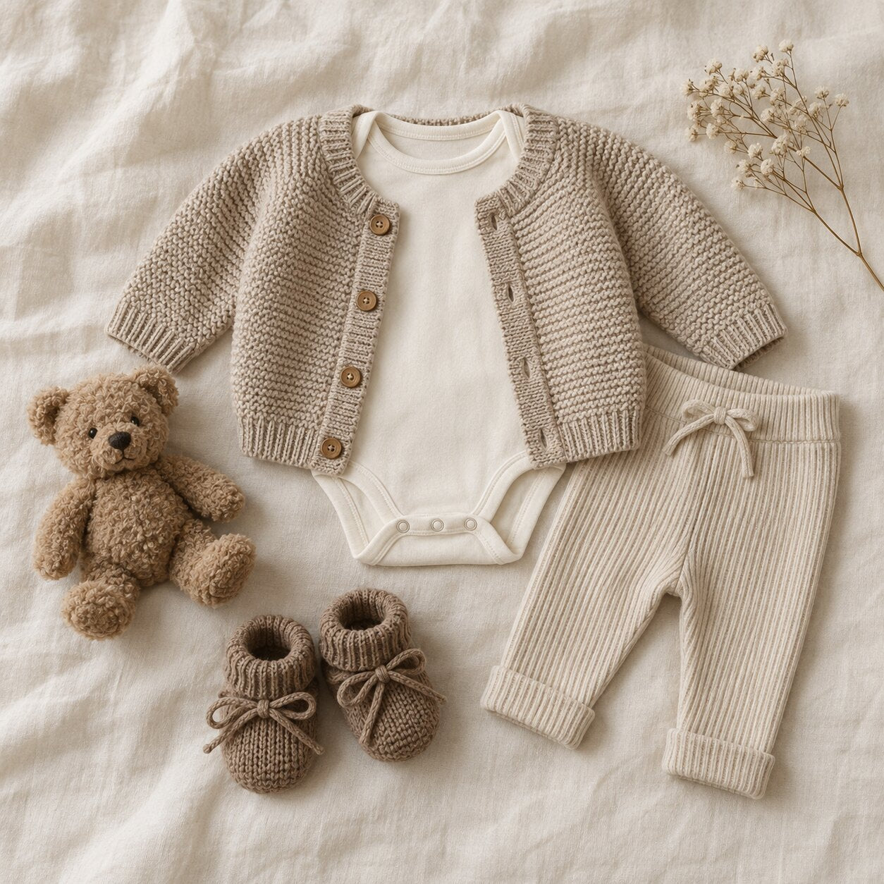 Neutral Little Willow baby outfit flat lay